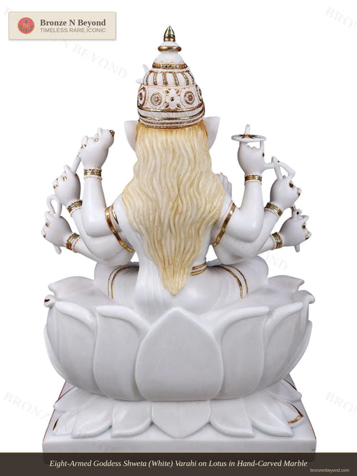 Eight-Armed Goddess Shweta (White) Varahi on Lotus in Hand-Carved Marble