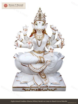 Eight-Armed Goddess Shweta (White) Varahi on Lotus in Hand-Carved Marble