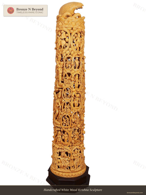 Handcrafted White Wood Krishna Sculpture