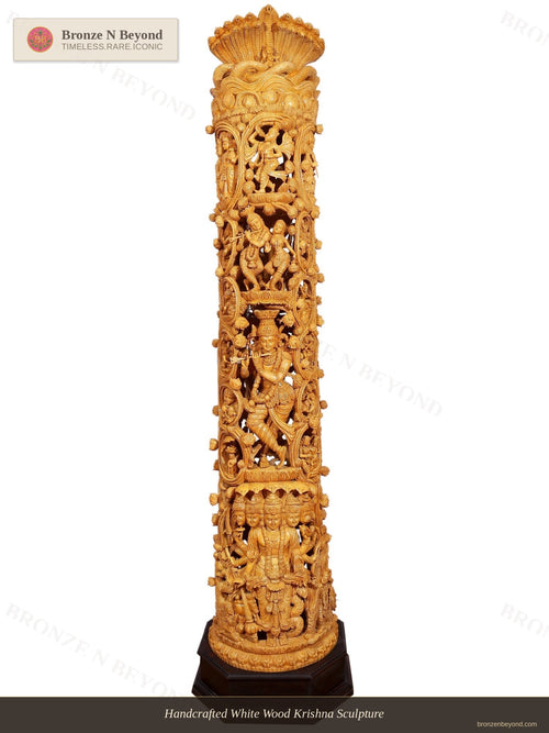 Handcrafted White Wood Krishna Sculpture