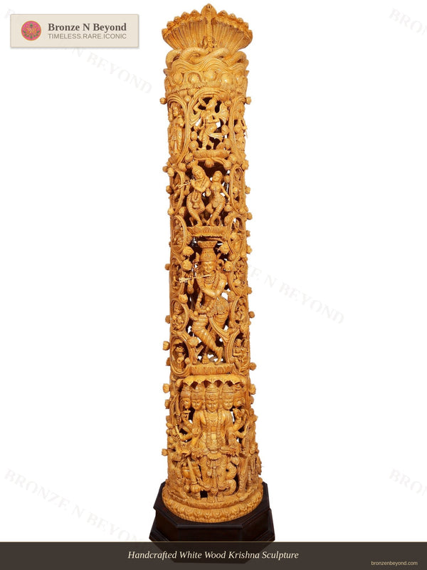 Handcrafted White Wood Krishna Sculpture