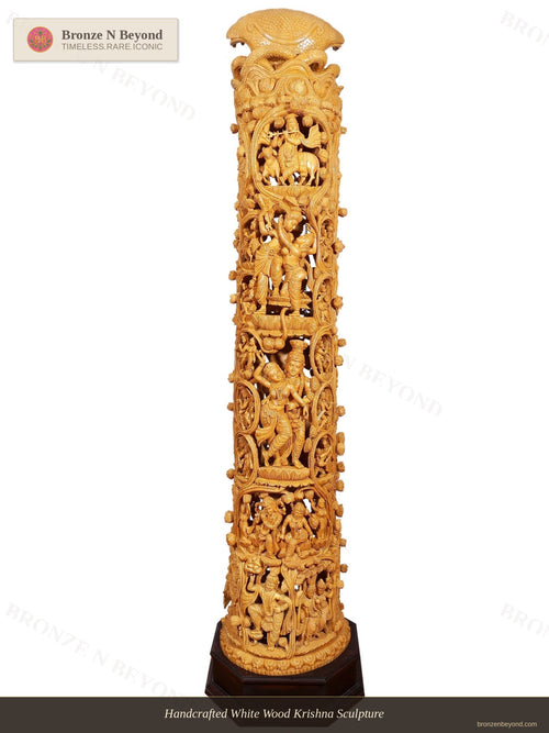Handcrafted White Wood Krishna Sculpture