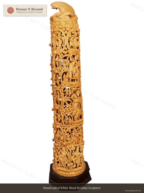 Handcrafted White Wood Krishna Sculpture