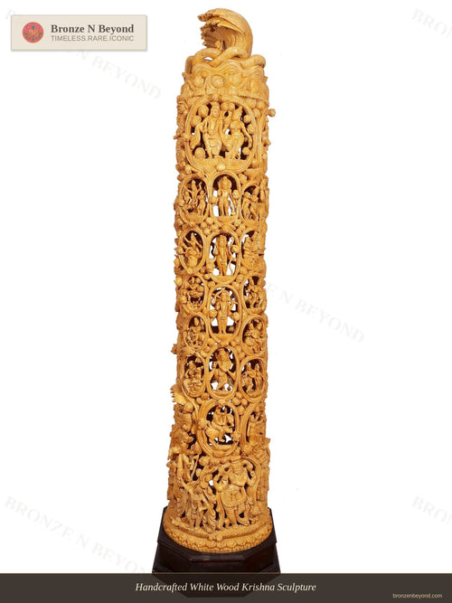 Handcrafted White Wood Krishna Sculpture