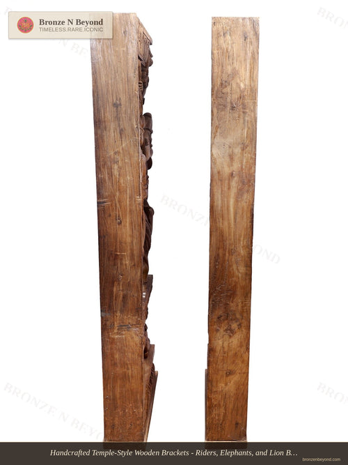 Handcrafted Temple-Style Wooden Brackets - Riders, Elephants, and Lion Base Composition