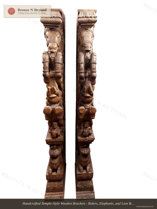 Handcrafted Temple-Style Wooden Brackets - Riders, Elephants, and Lion Base Composition