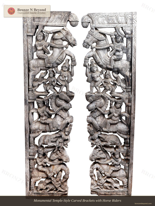 Monumental Temple-Style Carved Brackets with Horse Riders