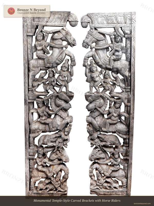Monumental Temple-Style Carved Brackets with Horse Riders