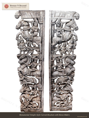 Monumental Temple-Style Carved Brackets with Horse Riders