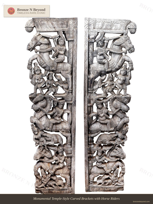 Monumental Temple-Style Carved Brackets with Horse Riders