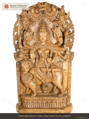 Handcrafted Wooden Goddess Durga Seated On Lion Sculpture