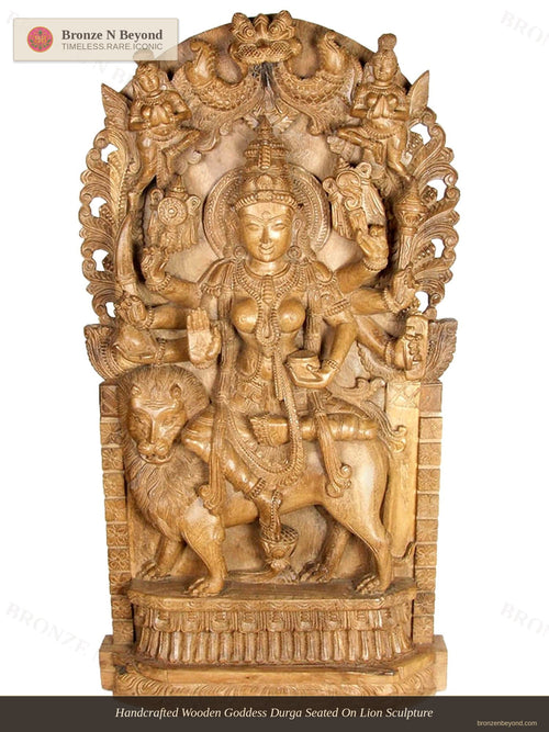Handcrafted Wooden Goddess Durga Seated On Lion Sculpture