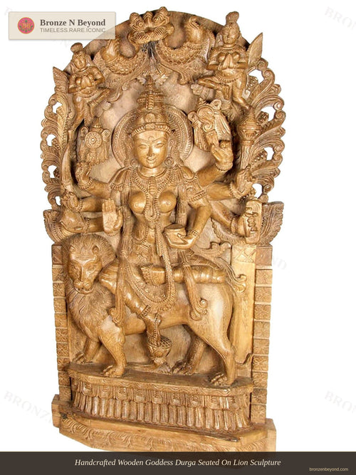 Handcrafted Wooden Goddess Durga Seated On Lion Sculpture