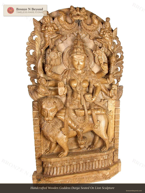 Handcrafted Wooden Goddess Durga Seated On Lion Sculpture