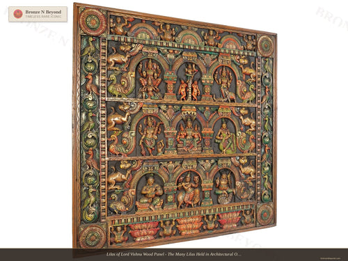 Lilas of Lord Vishnu Wood Panel - The Many Lilas Held in Architectural Order