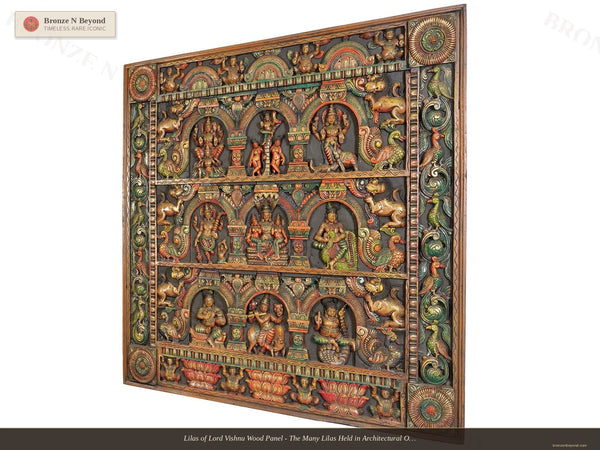 Lilas of Lord Vishnu Wood Panel - The Many Lilas Held in Architectural Order