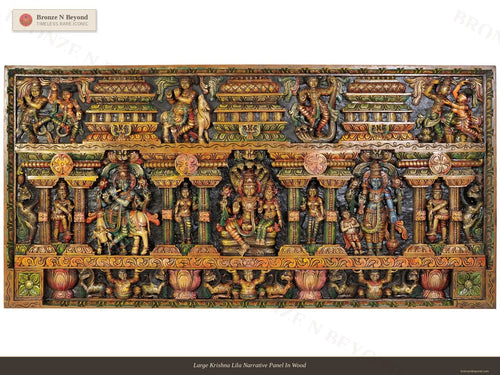 Large Krishna Lila Narrative Panel In Wood