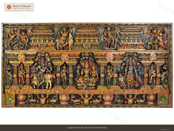 Large Krishna Lila Narrative Panel In Wood