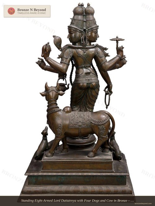 Standing Eight-Armed Lord Dattatreya with Four Dogs and Cow in Bronze – Swamimalai, Tamil Nadu