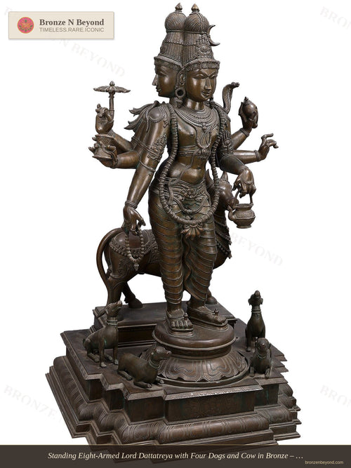 Standing Eight-Armed Lord Dattatreya with Four Dogs and Cow in Bronze – Swamimalai, Tamil Nadu