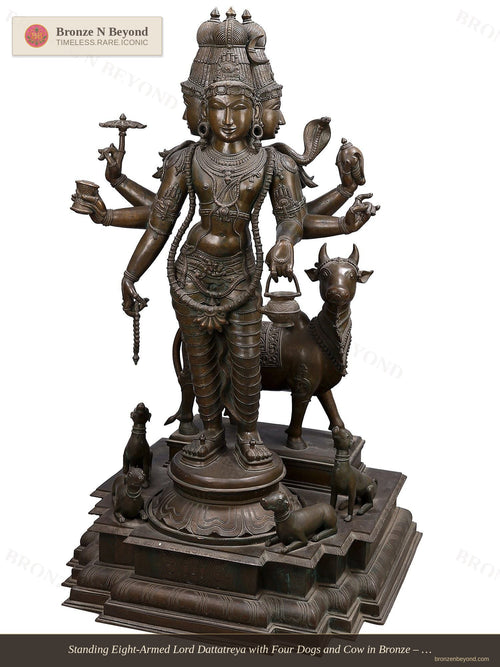 Standing Eight-Armed Lord Dattatreya with Four Dogs and Cow in Bronze – Swamimalai, Tamil Nadu