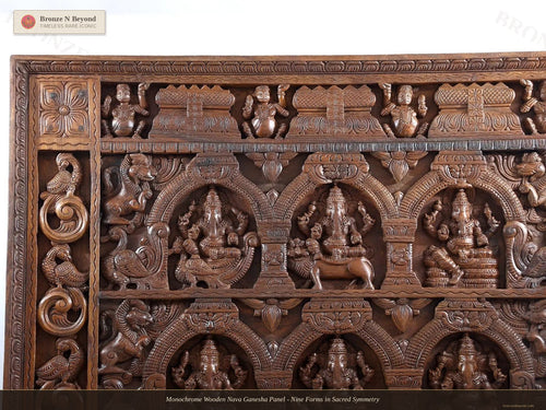 Monochrome Wooden Nava Ganesha Panel - Nine Forms in Sacred Symmetry
