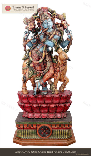Temple-Style Fluting Krishna Hand-Painted Wood Statue