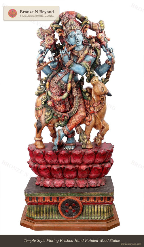 Temple-Style Fluting Krishna Hand-Painted Wood Statue