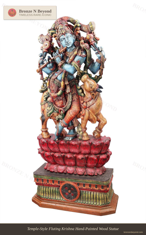 Temple-Style Fluting Krishna Hand-Painted Wood Statue