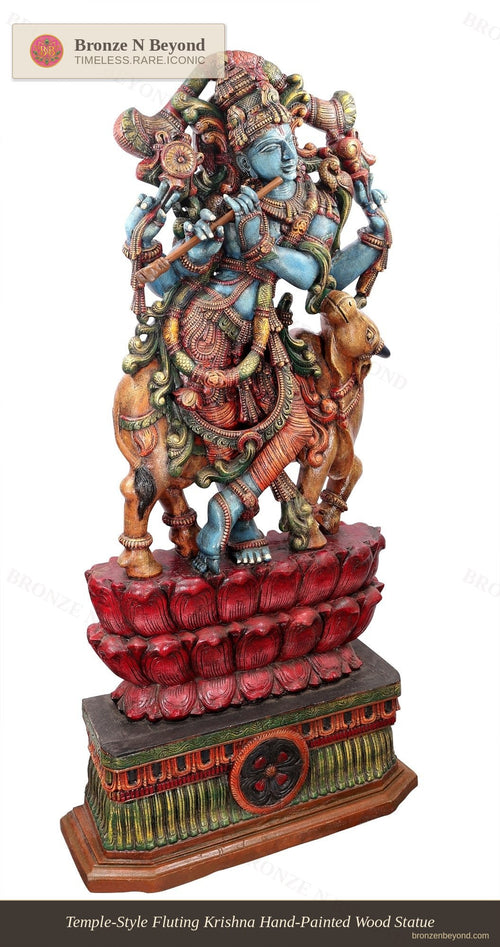 Temple-Style Fluting Krishna Hand-Painted Wood Statue