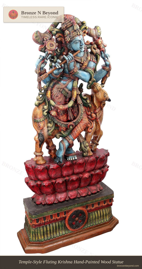 Temple-Style Fluting Krishna Hand-Painted Wood Statue