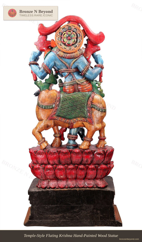 Temple-Style Fluting Krishna Hand-Painted Wood Statue