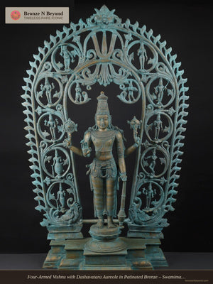 Four-Armed Vishnu with Dashavatara Aureole in Patinated Bronze