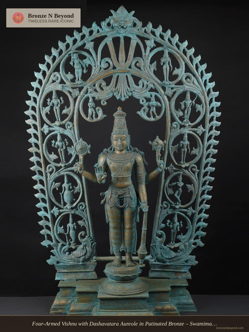 Four-Armed Vishnu with Dashavatara Aureole in Patinated Bronze