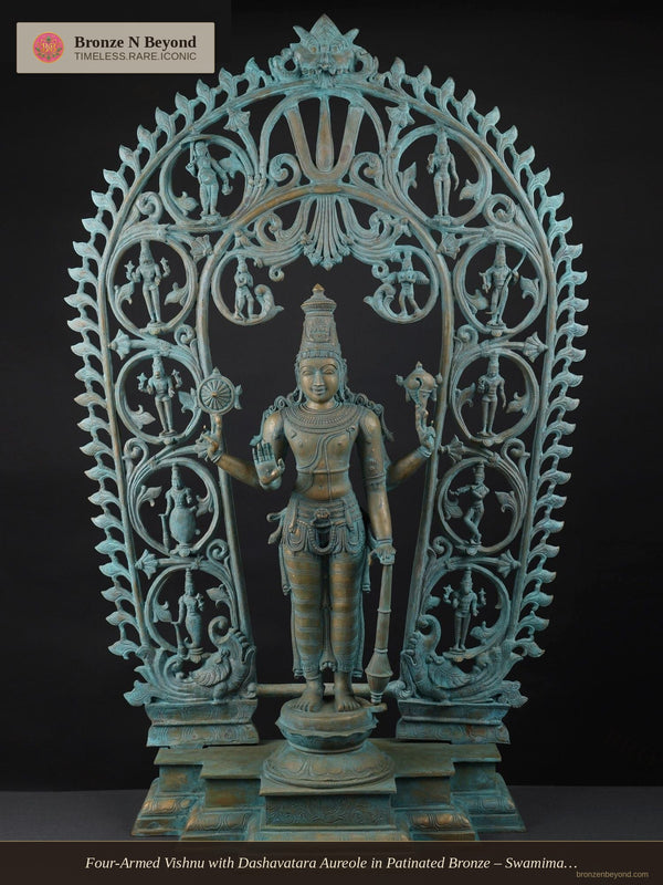 Four-Armed Vishnu with Dashavatara Aureole in Patinated Bronze