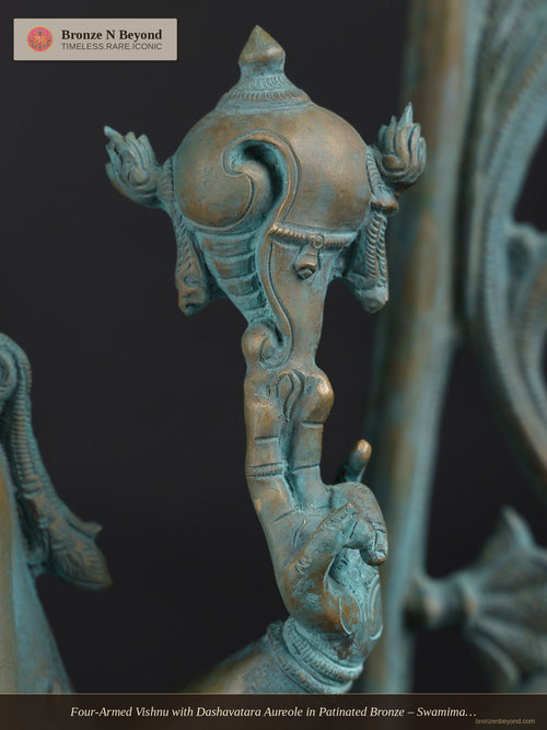 Four-Armed Vishnu with Dashavatara Aureole in Patinated Bronze – Swamimalai, Tamil Nadu