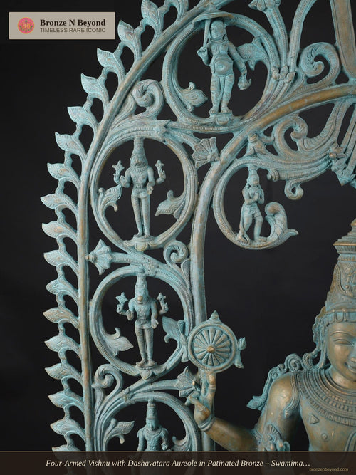 Four-Armed Vishnu with Dashavatara Aureole in Patinated Bronze – Swamimalai, Tamil Nadu