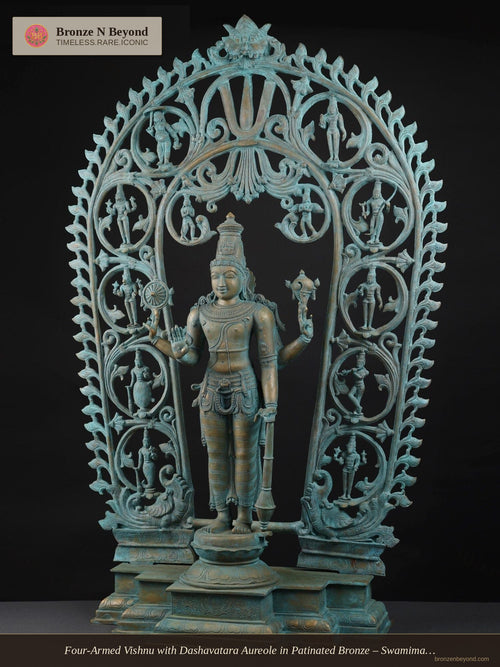 Four-Armed Vishnu with Dashavatara Aureole in Patinated Bronze – Swamimalai, Tamil Nadu