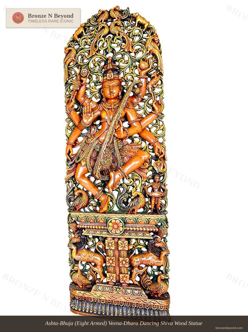 Ashta-Bhuja (Eight Armed) Veena-Dhara Dancing Shiva Wood Statue