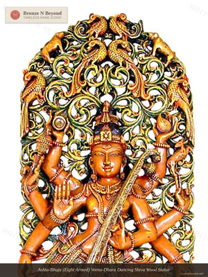 Ashta-Bhuja (Eight Armed) Veena-Dhara Dancing Shiva Wood Statue