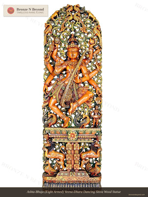 Ashta-Bhuja (Eight Armed) Veena-Dhara Dancing Shiva Wood Statue