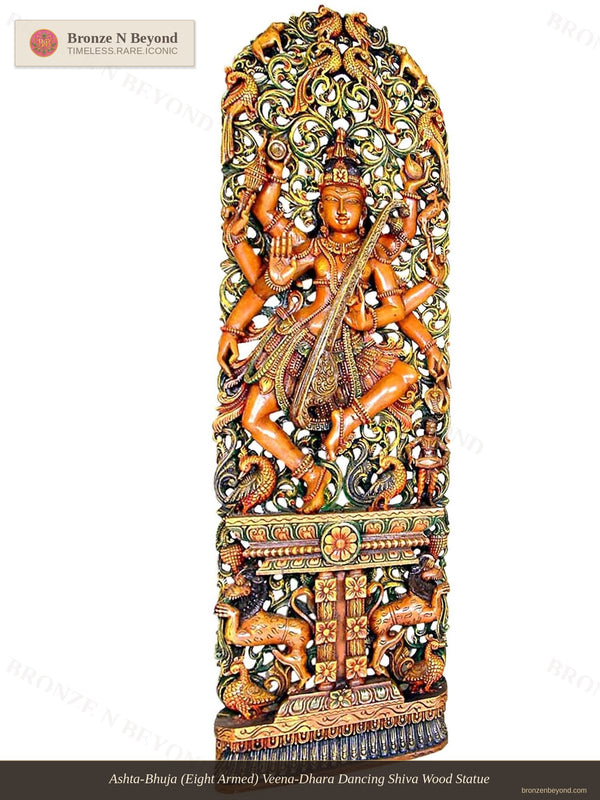 Ashta-Bhuja (Eight Armed) Veena-Dhara Dancing Shiva Wood Statue