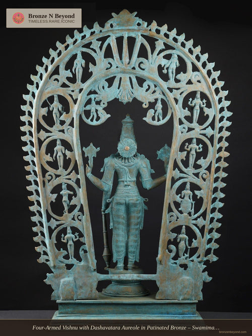 Four-Armed Vishnu with Dashavatara Aureole in Patinated Bronze – Swamimalai, Tamil Nadu