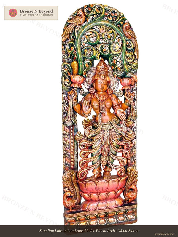 Standing Lakshmi on Lotus Under Floral Arch - Wood Statue
