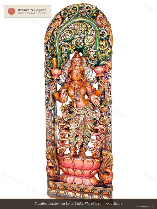 Standing Lakshmi on Lotus Under Floral Arch - Wood Statue