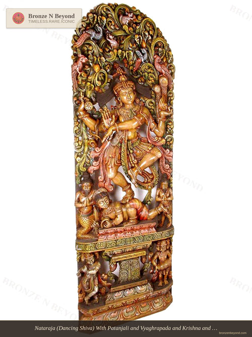 Nataraja (Dancing Shiva) With Patanjali and Vyaghrapada and Krishna and Brahma Wood Statue