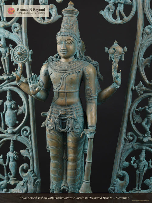 Four-Armed Vishnu with Dashavatara Aureole in Patinated Bronze – Swamimalai, Tamil Nadu