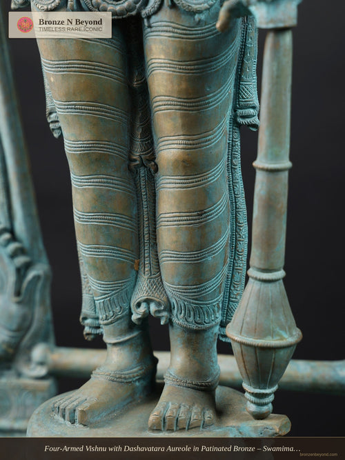Four-Armed Vishnu with Dashavatara Aureole in Patinated Bronze – Swamimalai, Tamil Nadu