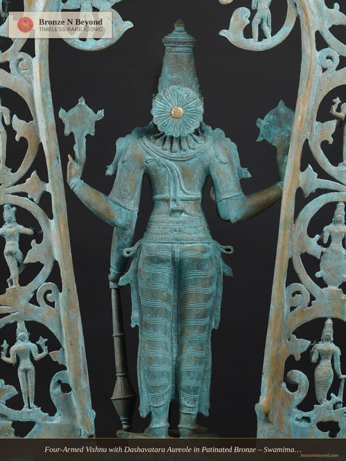 Four-Armed Vishnu with Dashavatara Aureole in Patinated Bronze – Swamimalai, Tamil Nadu