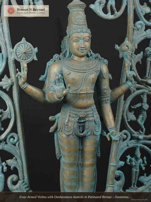 Four-Armed Vishnu with Dashavatara Aureole in Patinated Bronze – Swamimalai, Tamil Nadu